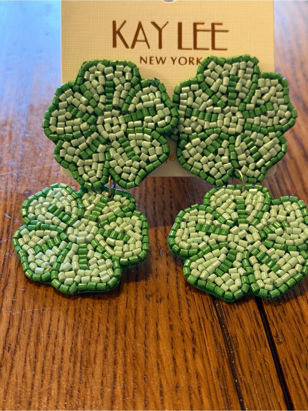 KayLee New York Green Beaded Double Clover Drop Earrings